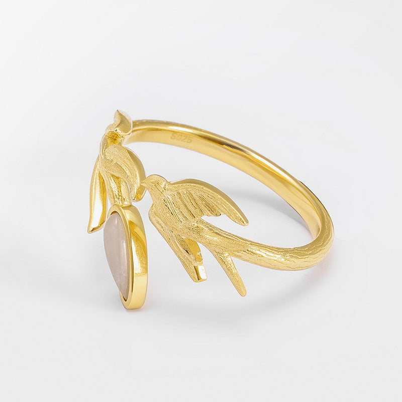 S925 Sterling Silver Gold Plated Inlaid Hetian Jade Ring 