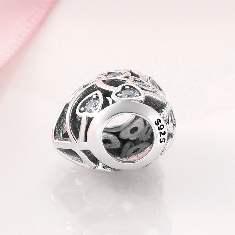 S925 Sterling Silver Hollow Heart Zircon Inlaid Bead Pendant