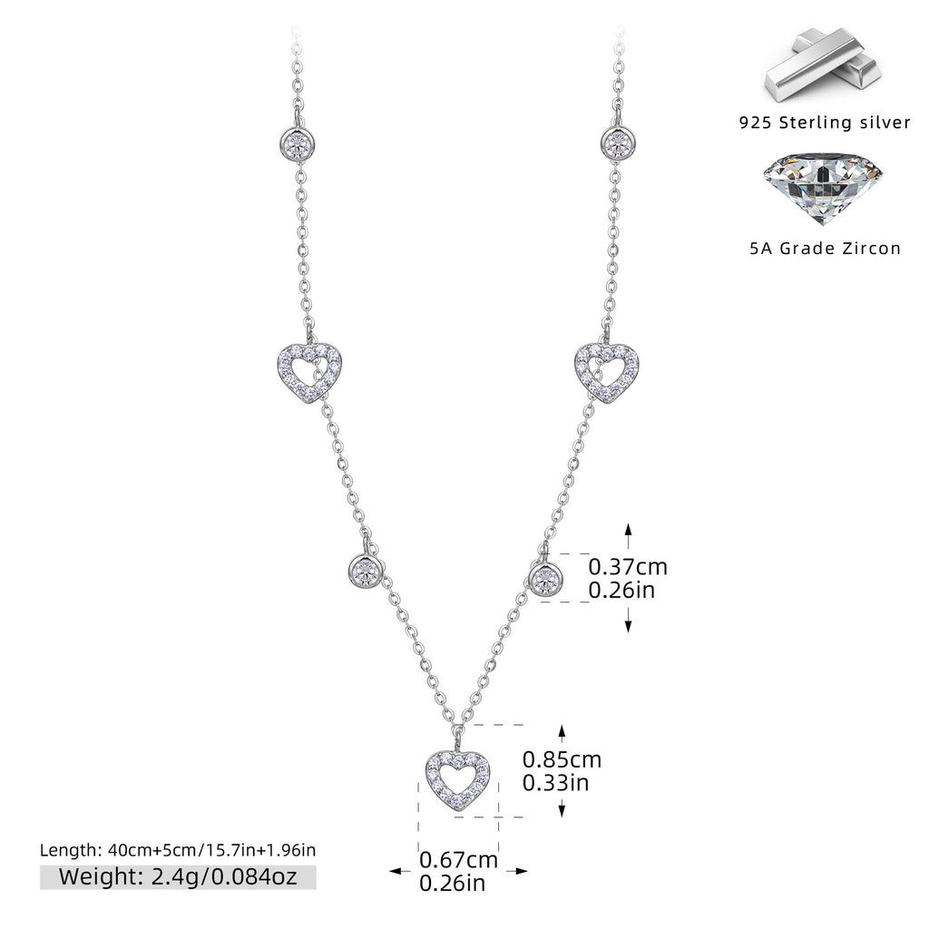 Pave CZ Heart Station Necklace in 925 Sterling Silver