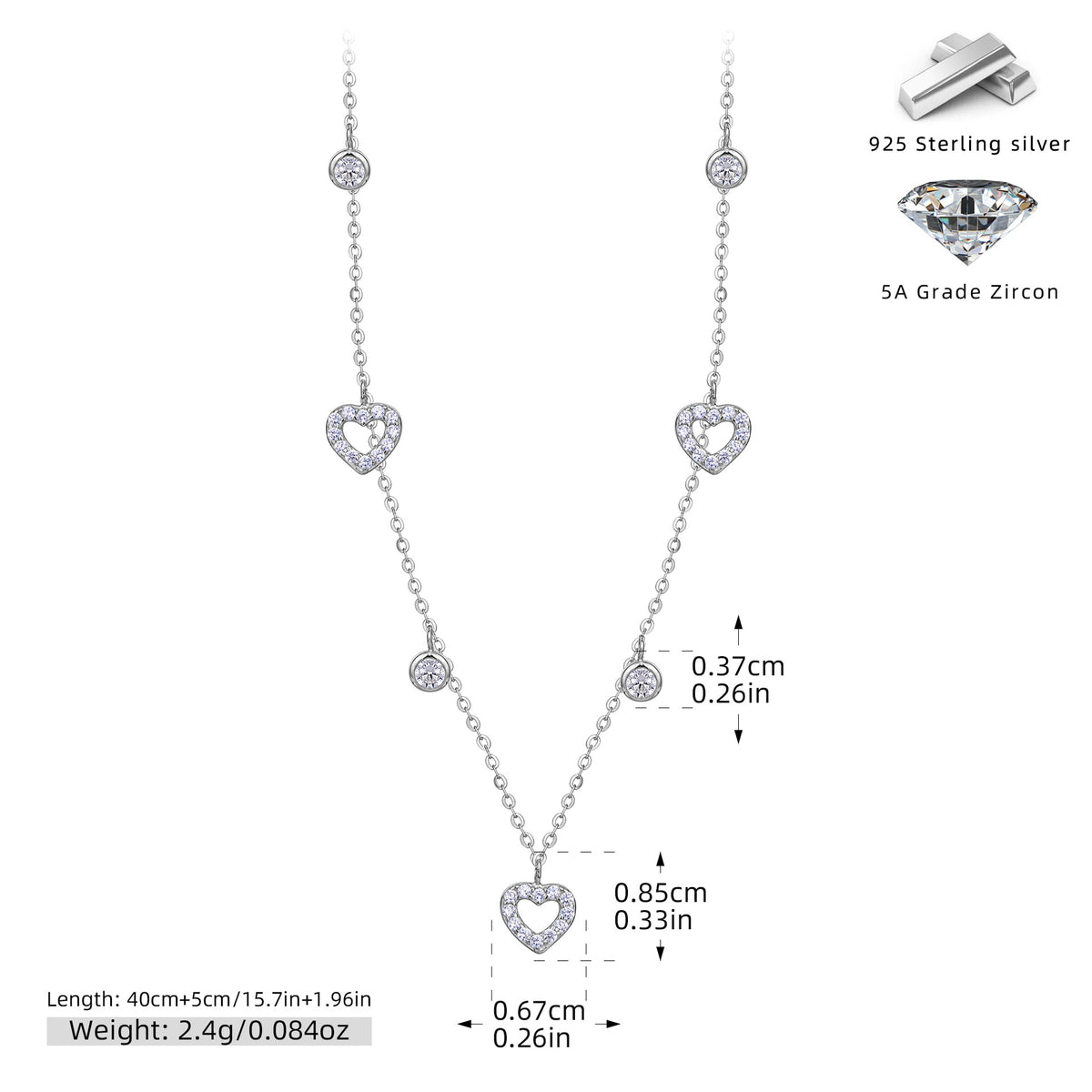 Pave CZ Heart Station Necklace in 925 Sterling Silver