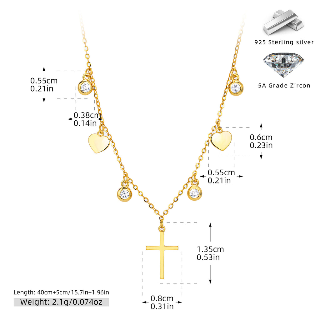 Dainty CZ Heart Cross Charm Necklace in 925 Sterling Silver