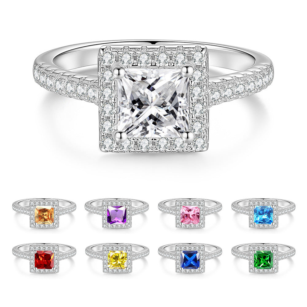 S925 Sterling Silver Square-Cut Colored Moissanite Ring
