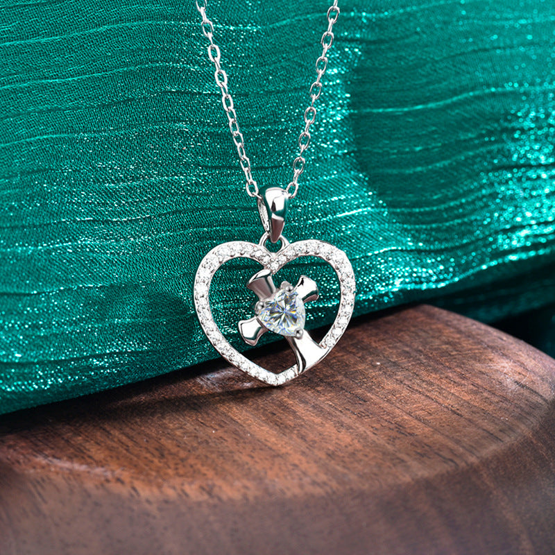 S925 Sterling Silver Moissanite Heart-Shaped Cross Necklace