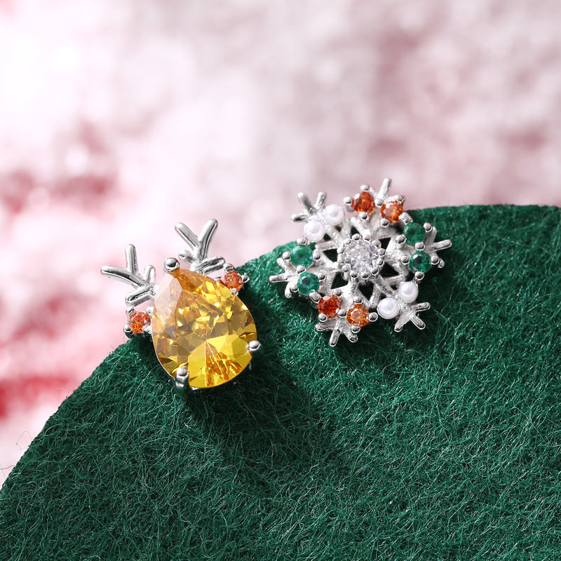 S925 Sterling Silver Christmas Snowflake and Reindeer Stud Earrings