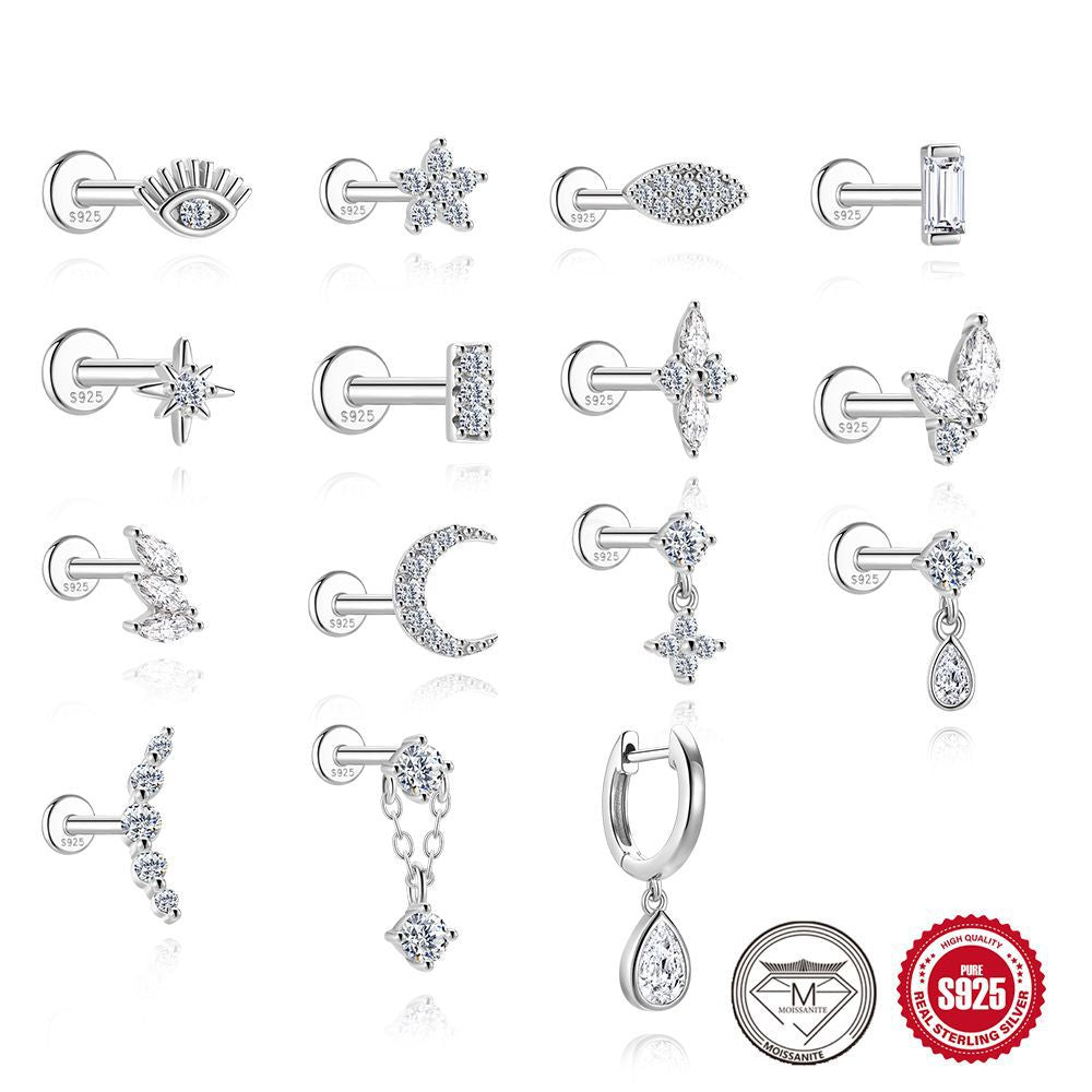 S925 Sterling Silver Square Star & Moon Moissanite Stud Earrings