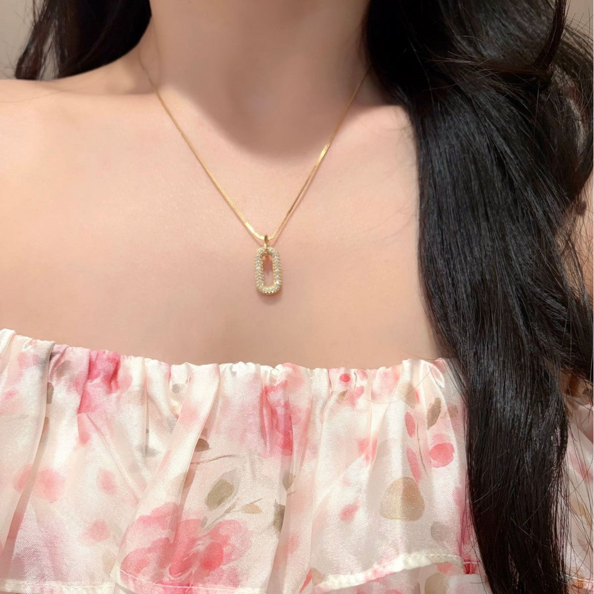 S925 Sterling Silver 18K Gold-Plated Double-Ring Paperclip Moissanite Necklace
