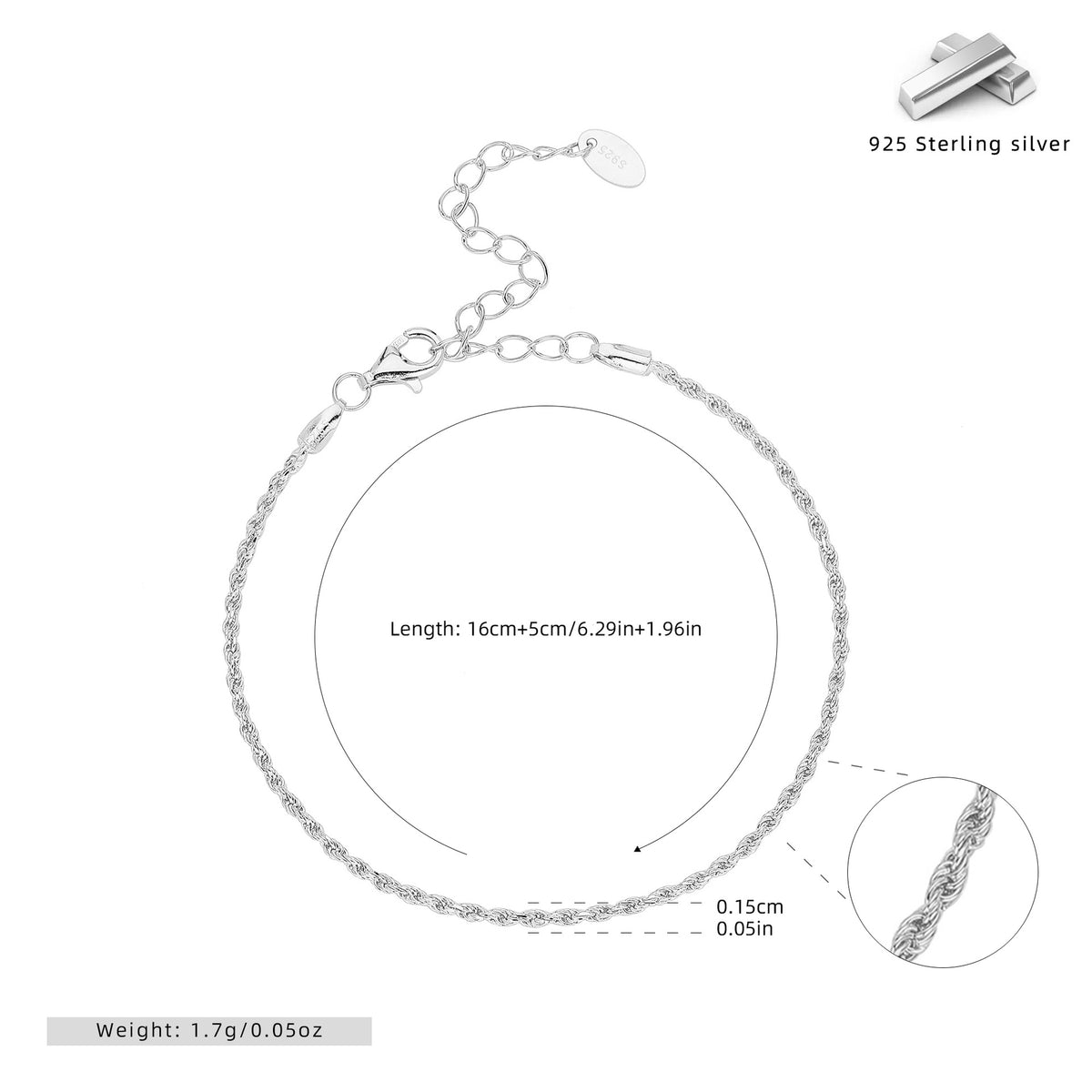 S925 Sterling Silver Twisted Rope Bracelet