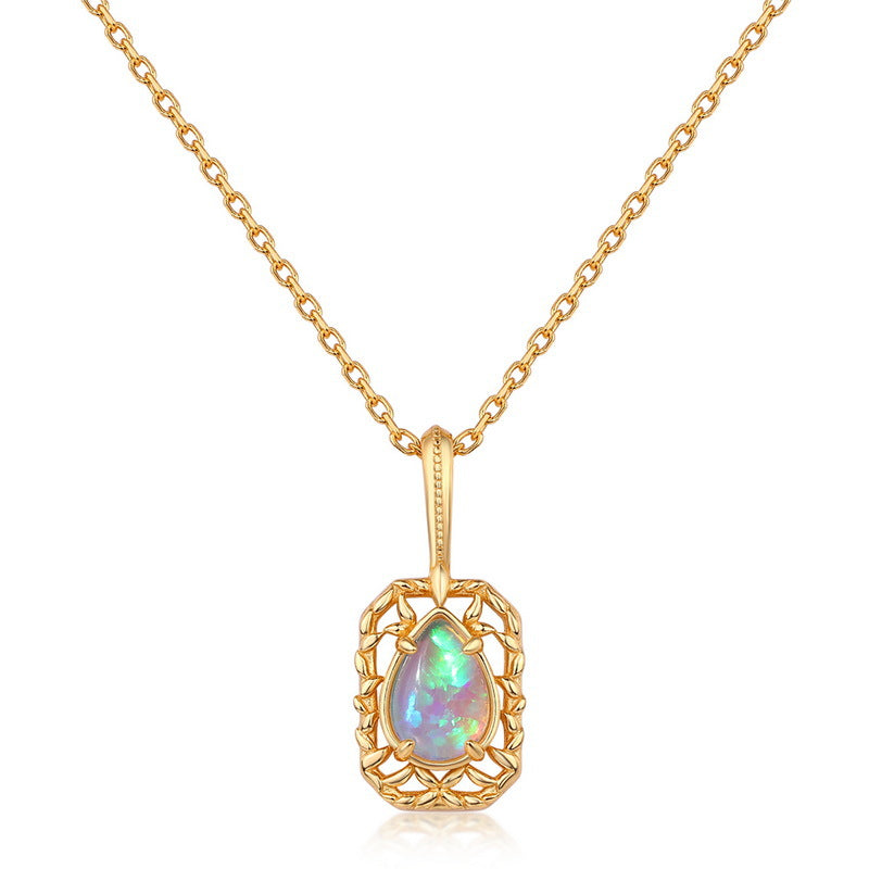 S925 Sterling Silver Gold-Plated Openwork Opal Pendant Necklace