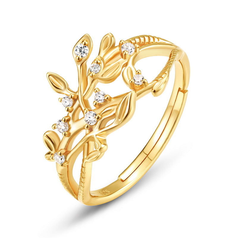 S925 Sterling Silver Gold-Plated Hollow Leaf Vine Zircon Ring