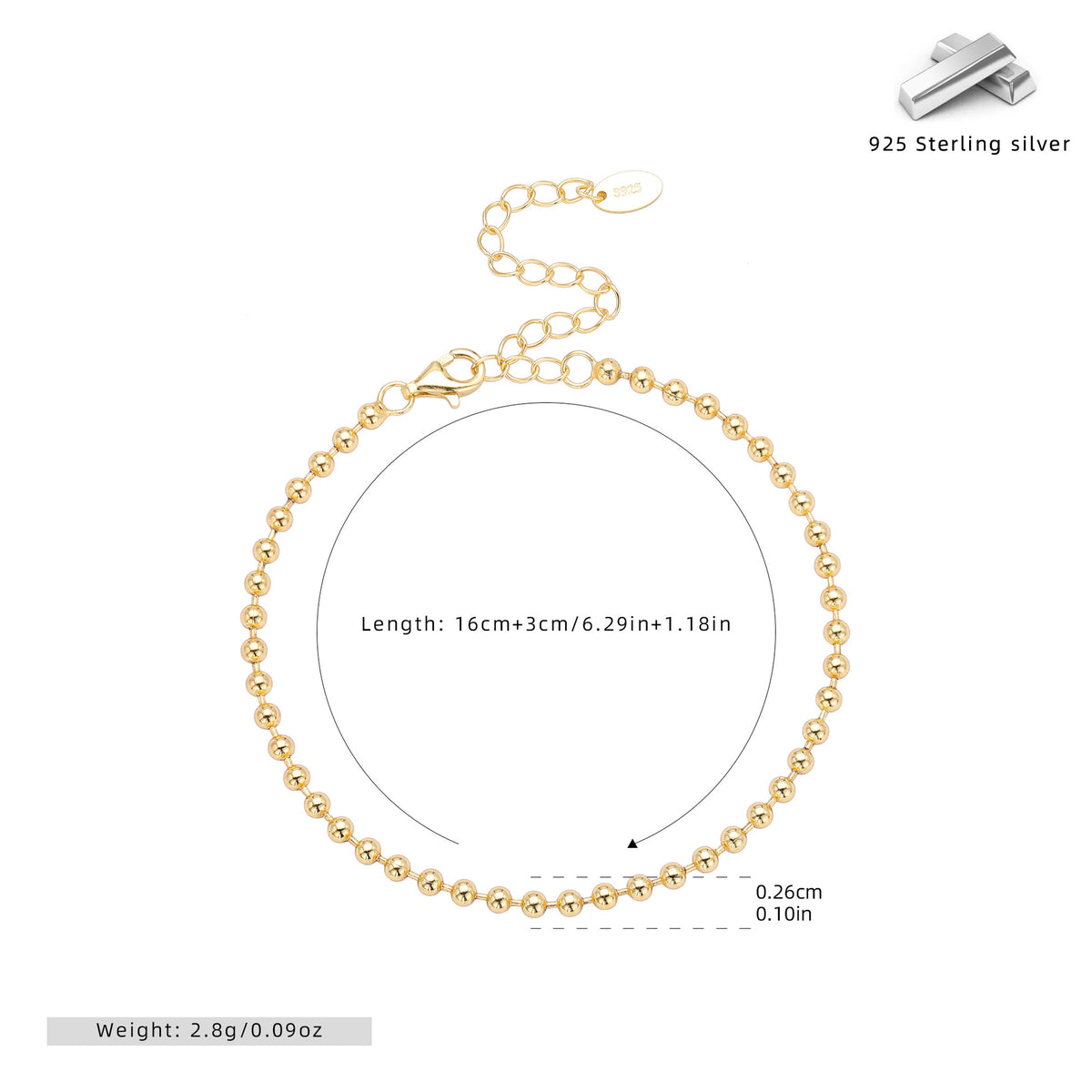 S925 Sterling Silver Smooth Bead Bracelet