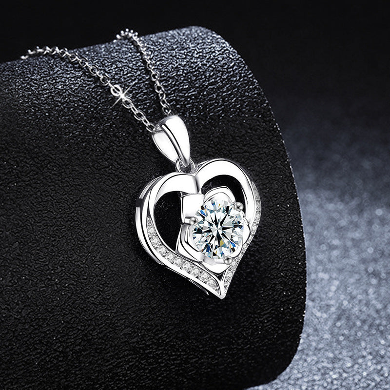 S925 Sterling Silver Rose Moissanite Pendant Loving Heart Necklace