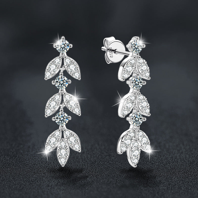 S925 Sterling Silver Leaf Drop Earrings with Moissanite Tassels