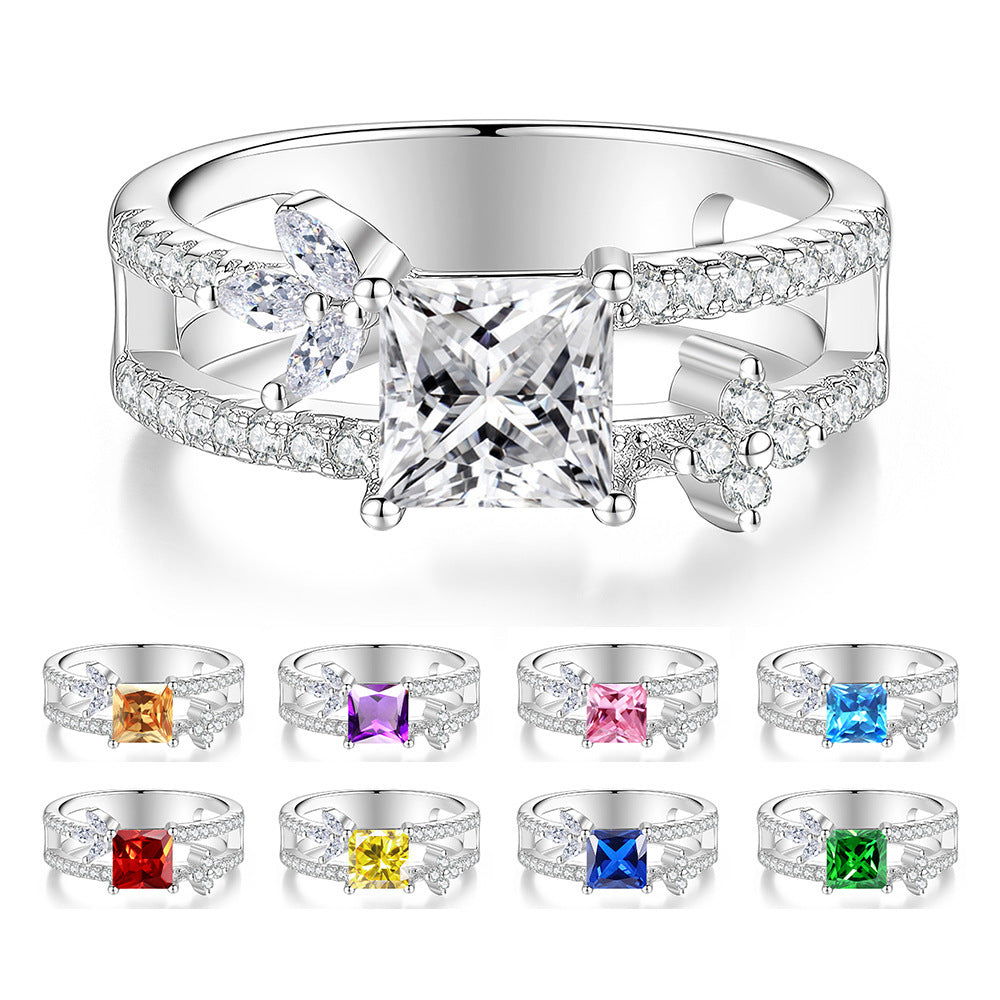 S925 Sterling Silver Square-Cut Colored Moissanite Ring