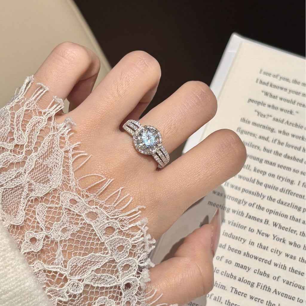 S925 Sterling Silver Six-Prong Moissanite Ring with Micro-Pave Setting