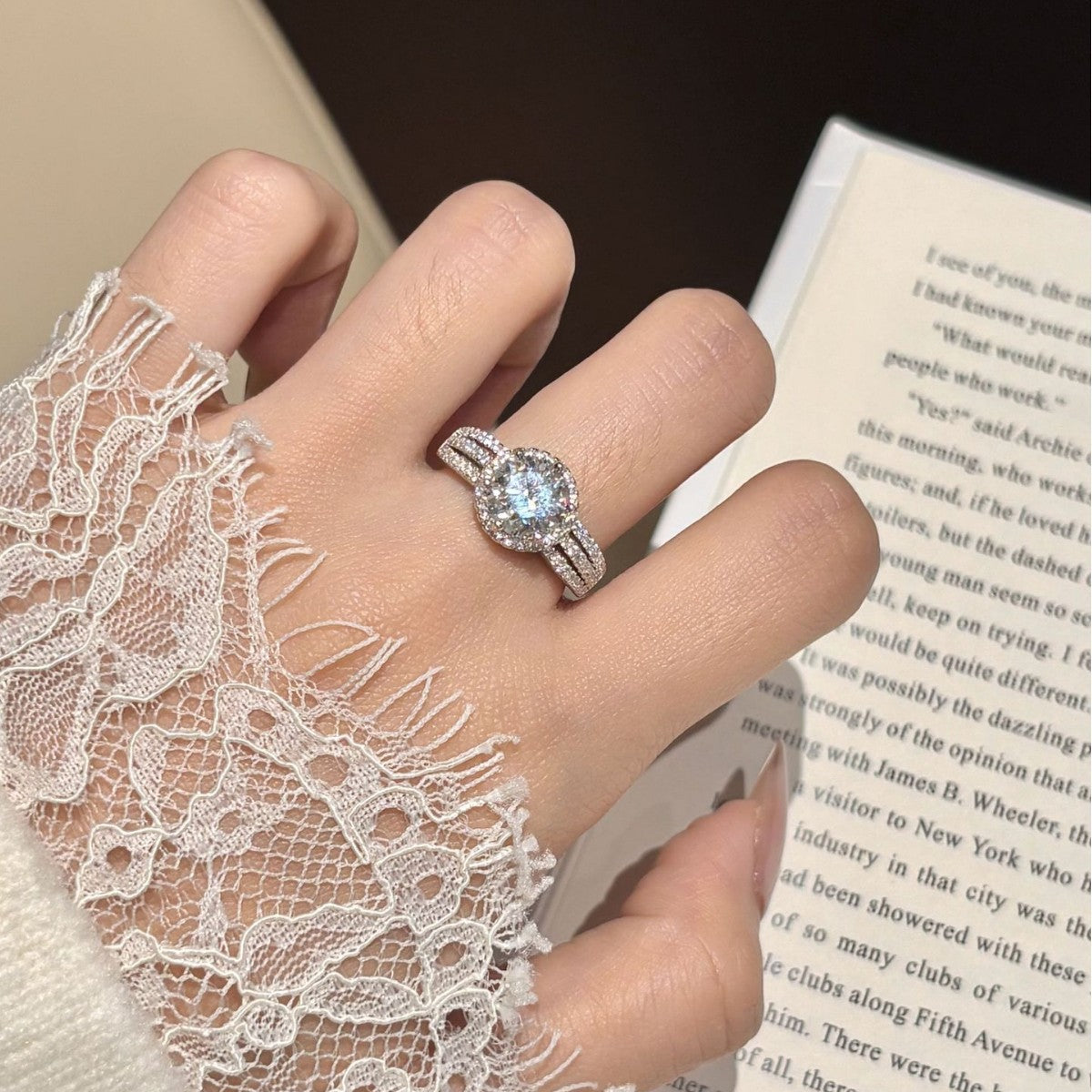 S925 Sterling Silver Six-Prong Moissanite Ring with Micro-Pave Setting