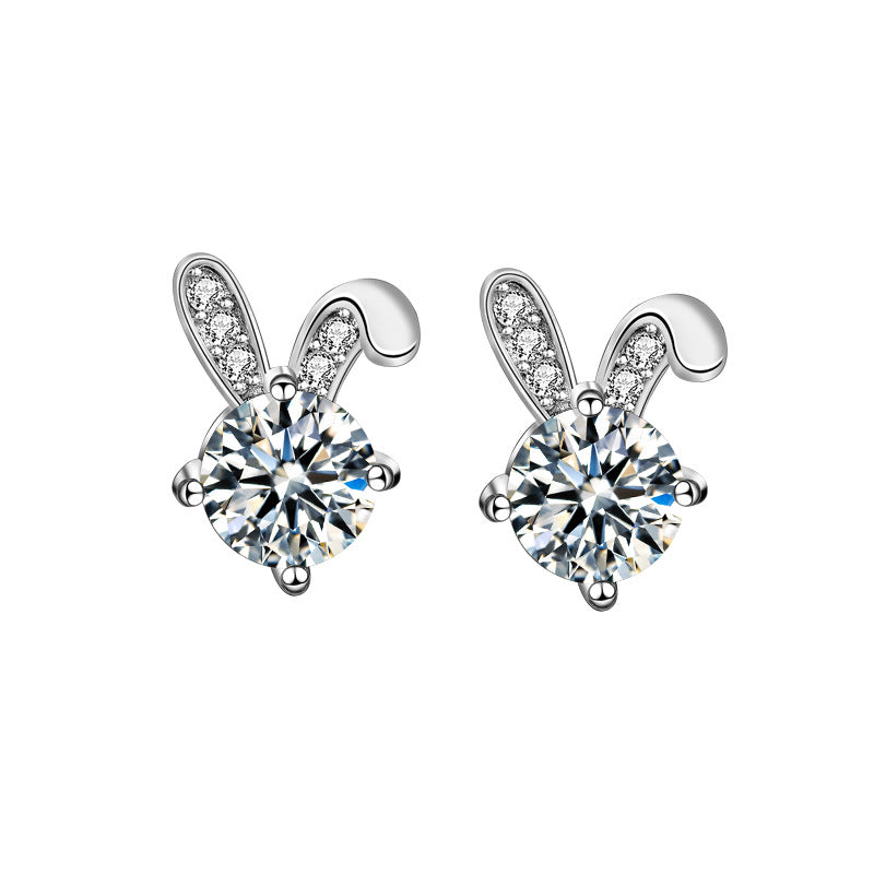 S925 Sterling Silver Cute Rabbit Stud Earrings with Moissanite