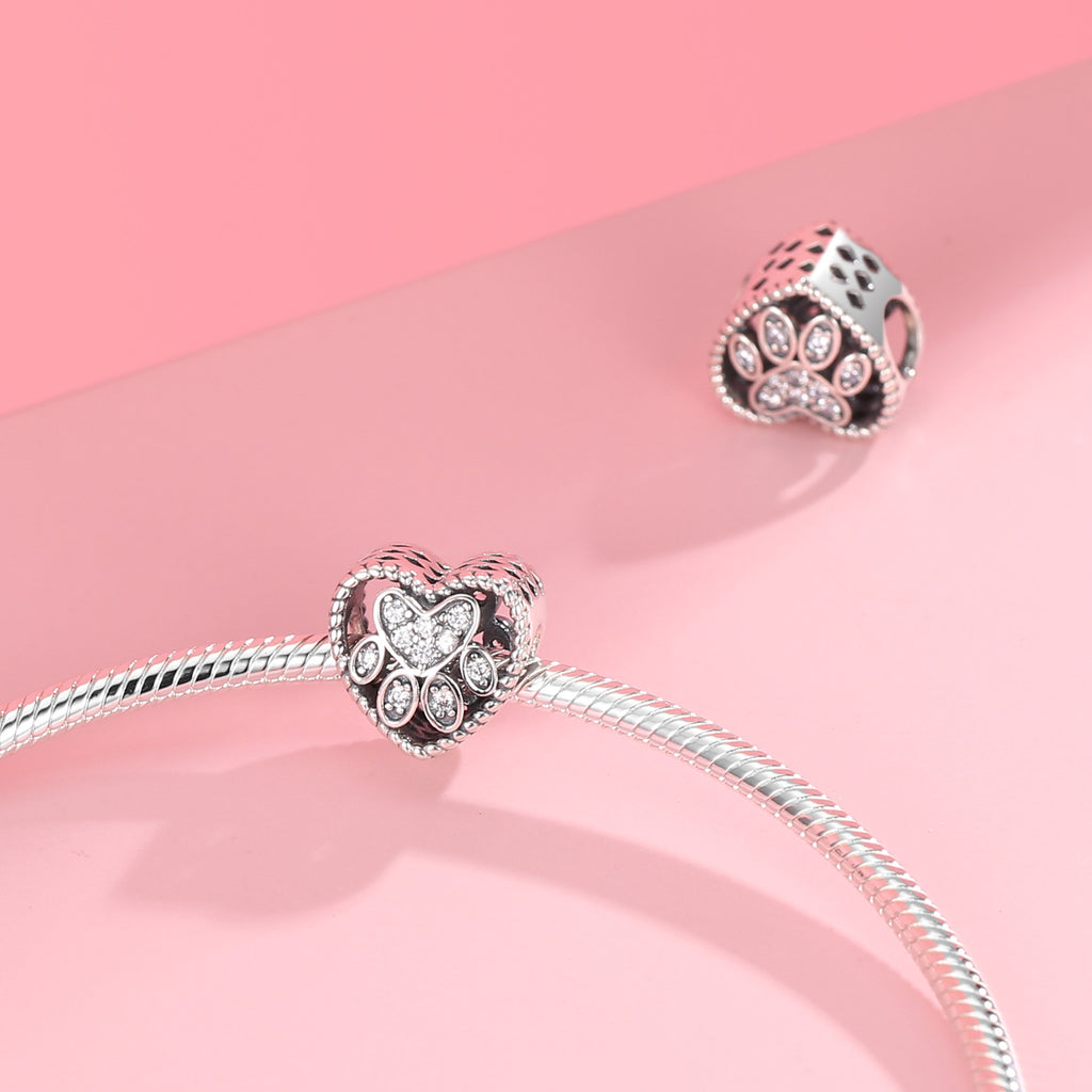 S925 Sterling Silver Loving Heart Dog's Paw Zircon Pendant