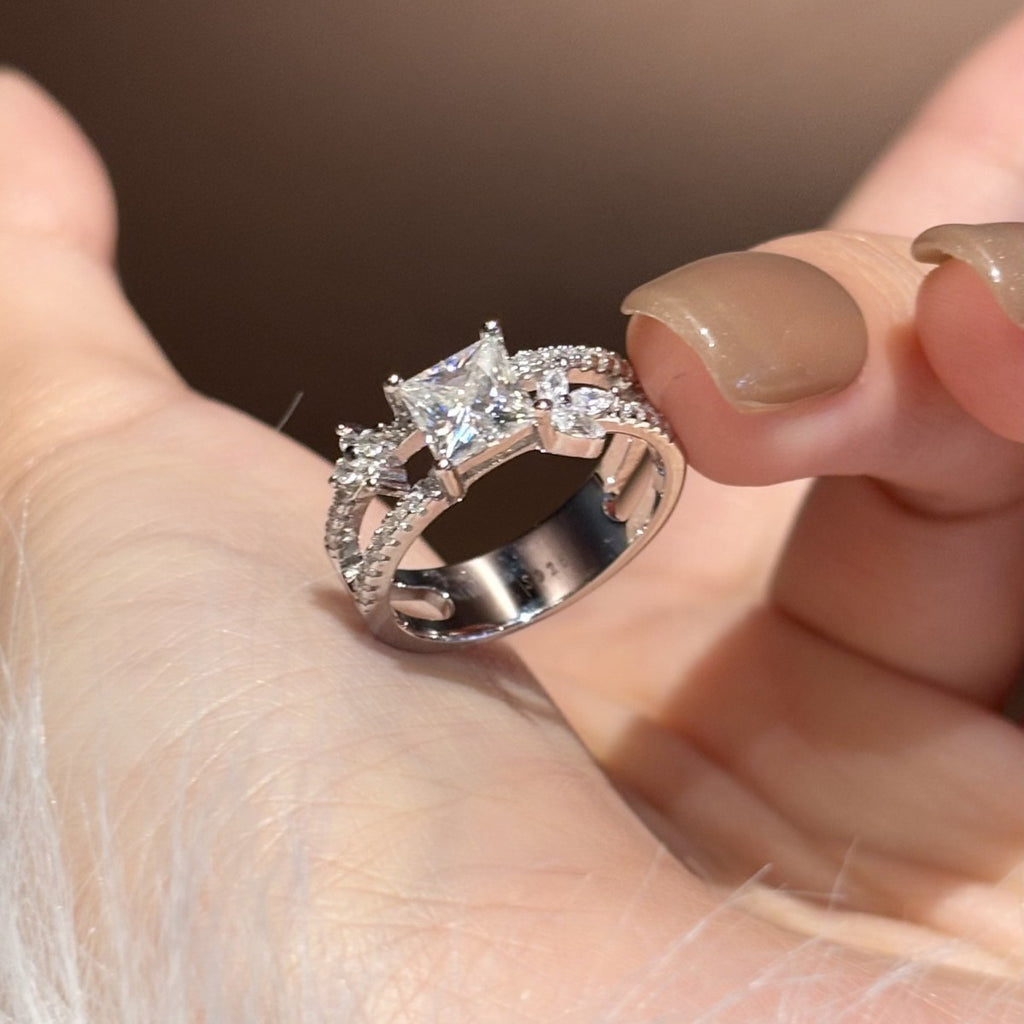 S925 Sterling Silver Square-Cut Colored Moissanite Ring