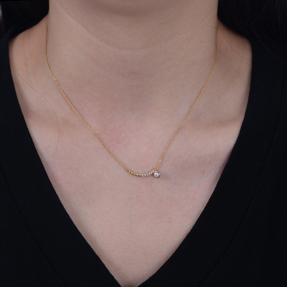 S925 Sterling Silver Simple Zircon Inlaid Pearl Pendant Necklace