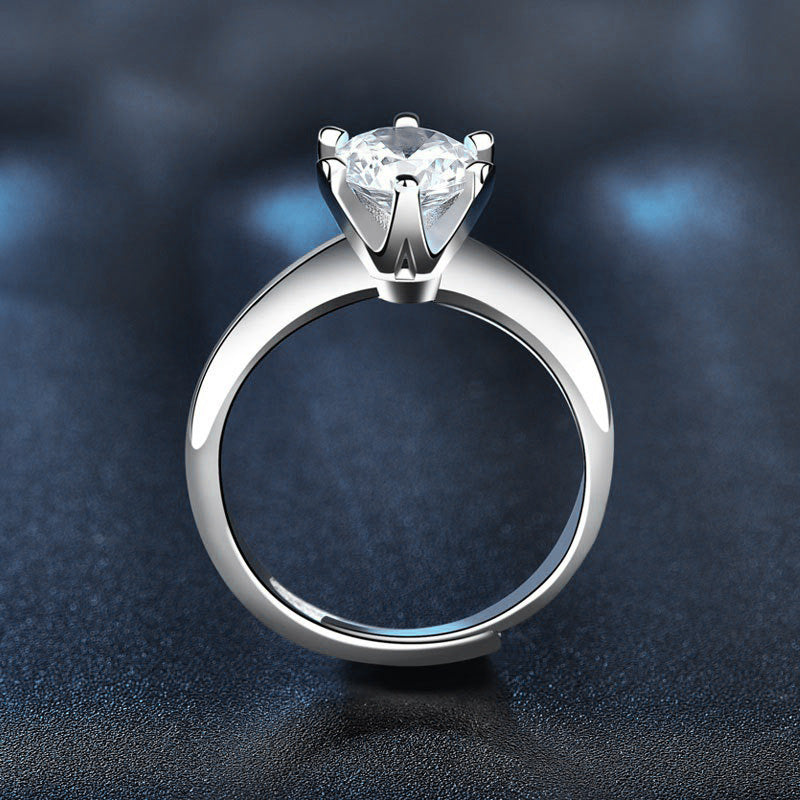 925 Sterling Silver Adjustable Six-Prong Moissanite Ring