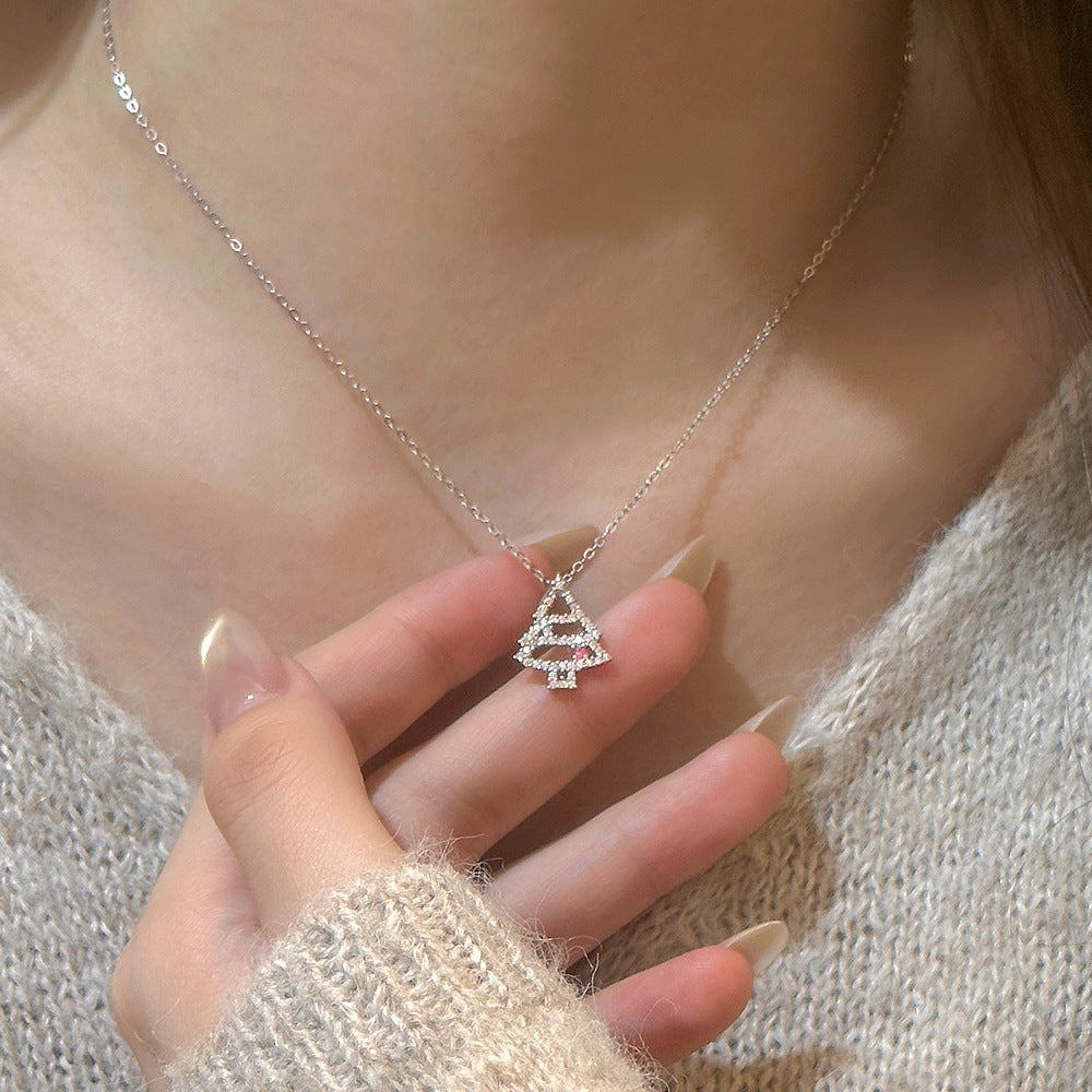 S925 Sterling Silver Christmas Tree Zircon Collarbone Necklace