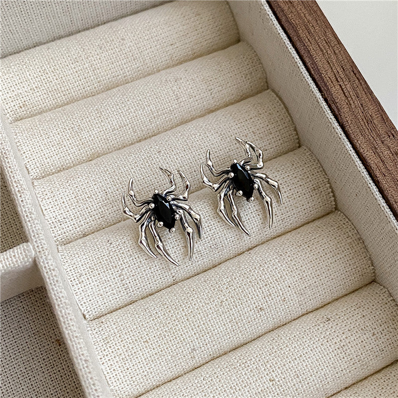 S925 Sterling Silver Distressed-Finish Spider Halloween Earrings