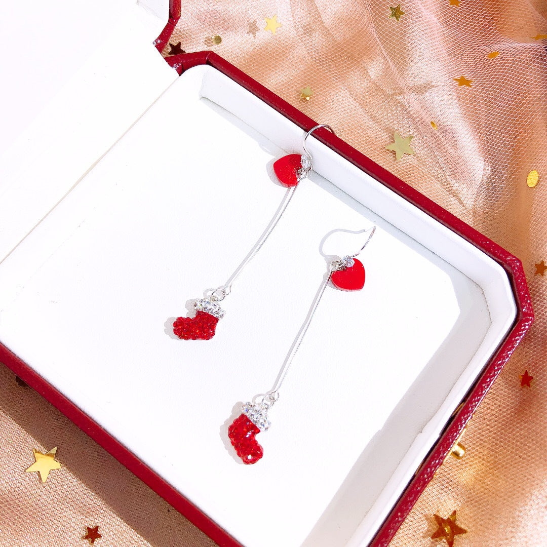 S925 Sterling Silver Christmas Santa Shoe & Heart Ear Studs