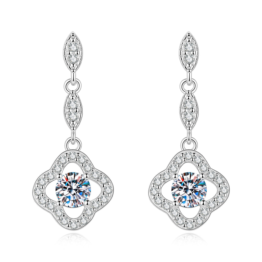 S925 Sterling Silver Long Moissanite Tassel Earrings with Four-Leaf Clover