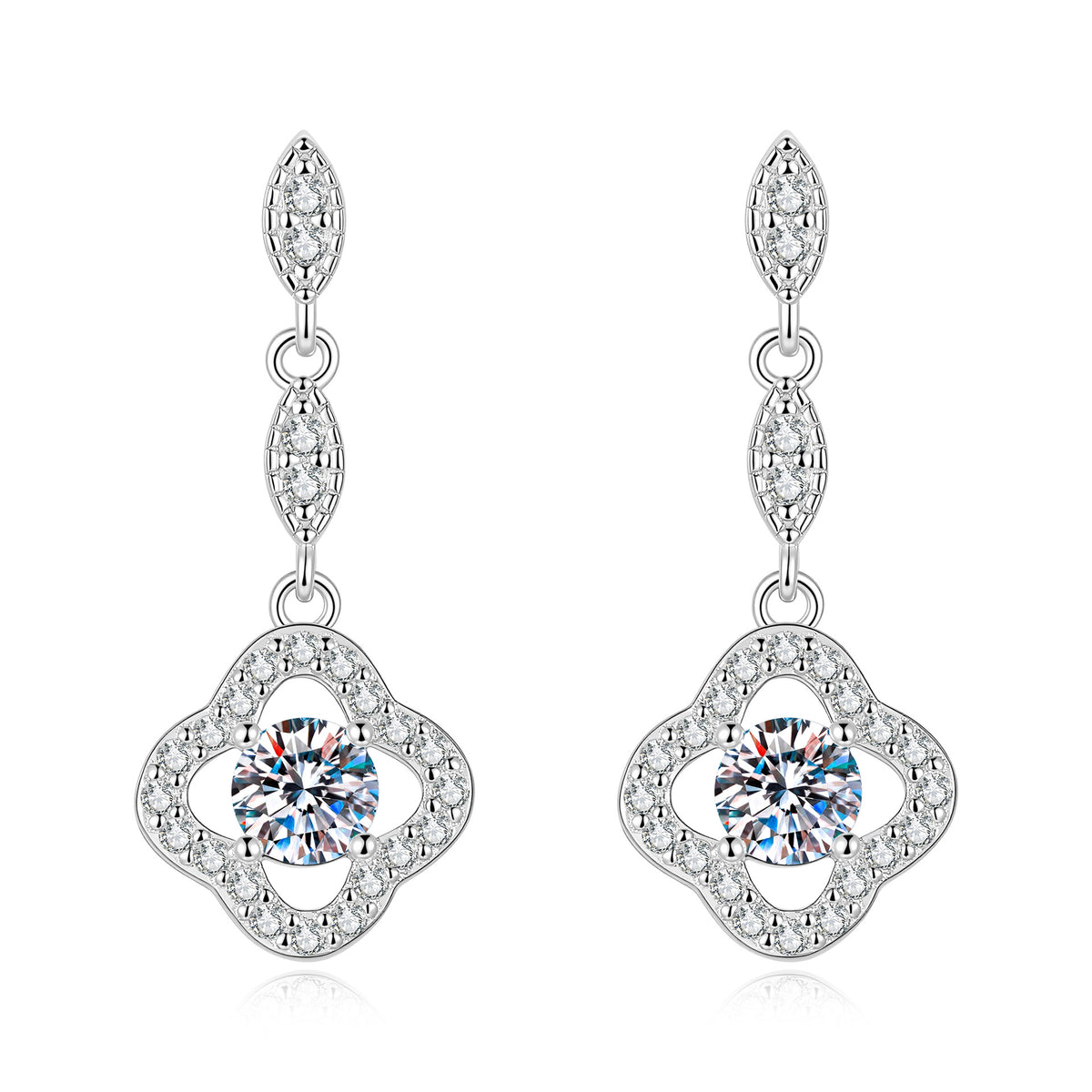 S925 Sterling Silver Long Moissanite Tassel Earrings with Four-Leaf Clover