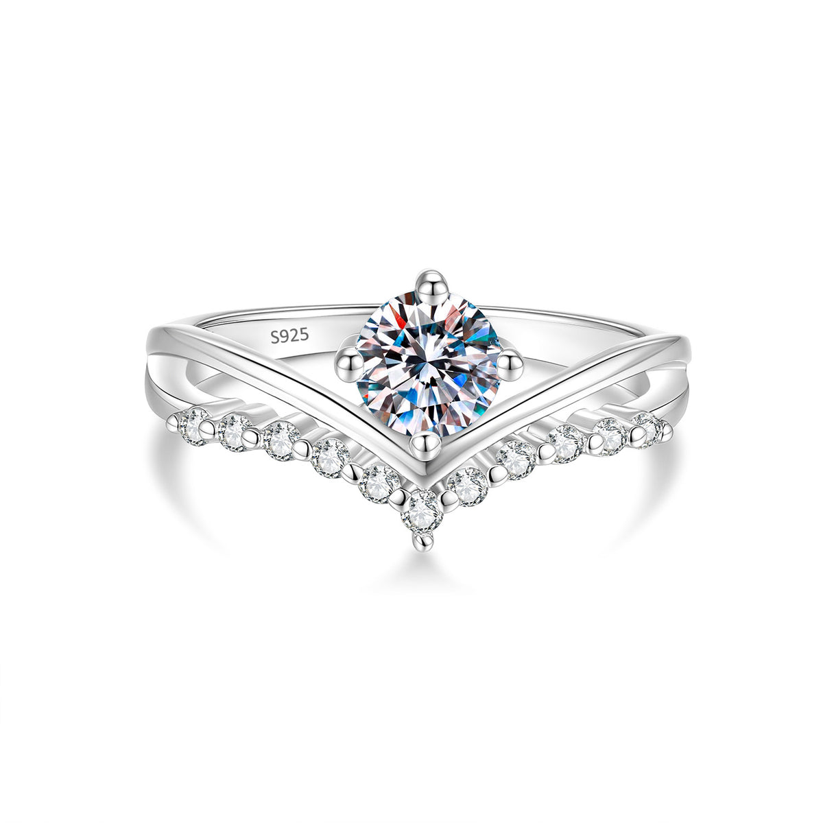 S925 Sterling Silver V-Shaped Princess Crown Moissanite Ring