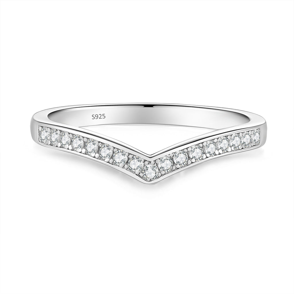 S925 Sterling Silver V-Shaped Moissanite Ring with Pavé Stones