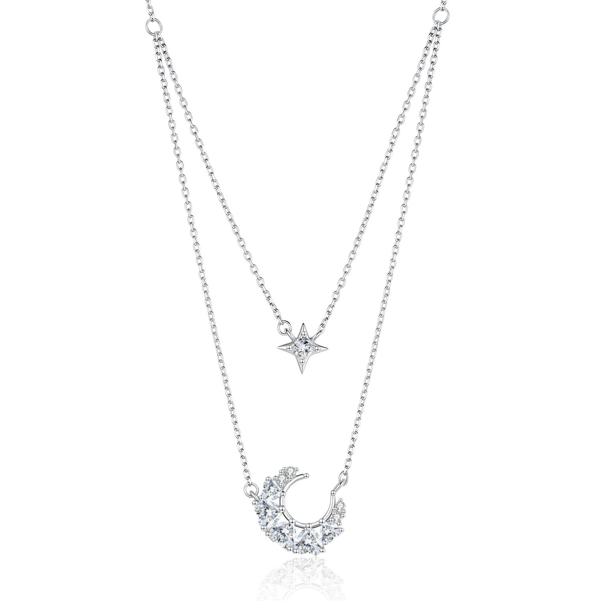 S925 Sterling Silver Double-Layer Moon and Star Moissanite Pendant Necklace
