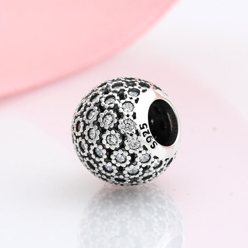 S925 Sterling Silver Spherical Hollow-out Dense Inlaid Zircon Flower Bead Pendant