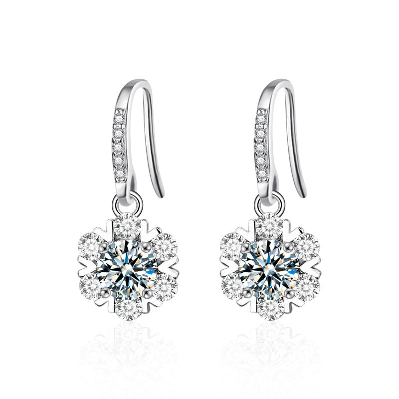 Christmas Earrings: 925 Sterling Silver Snowflake & Moissanite Ear Hooks