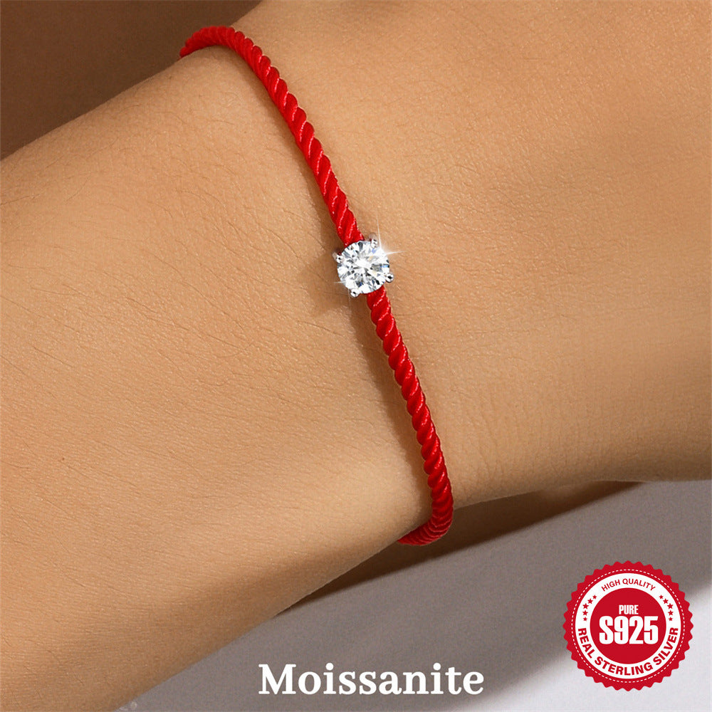 S925 Sterling Silver Red Cord Bracelet with Single Moissanite Stone