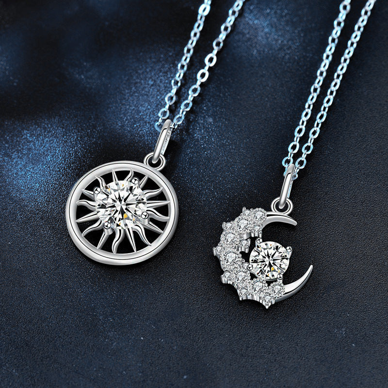 S925 Sterling Silver Moissanite Sun and Moon Lovers Pendant Necklace
