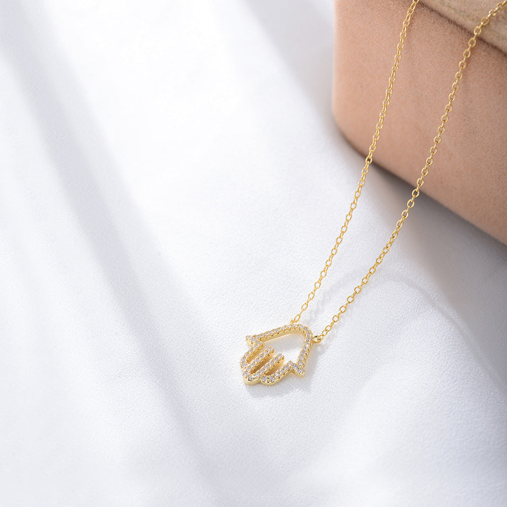 S925 Sterling Silver Micro Inlaid Zircon Hollow Palm Pendant Necklace