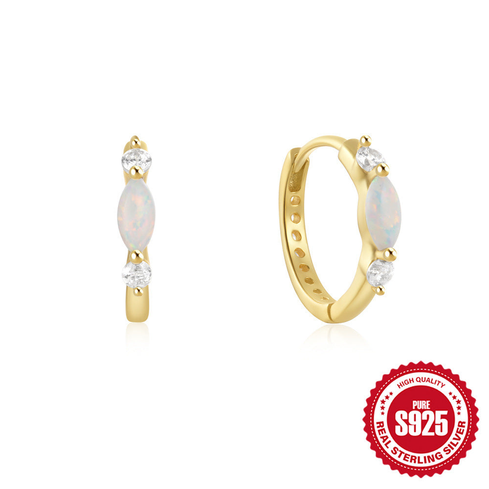 S925 Sterling Silver Round Hoop Earrings with Zircon and Opal Inlay