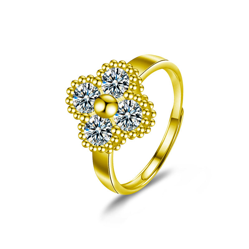 S925 Sterling Silver Four Leaf Clover Moissanite Ring
