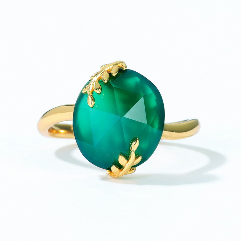 S925 Sterling Silver Gold-Plated Green Agate Ring