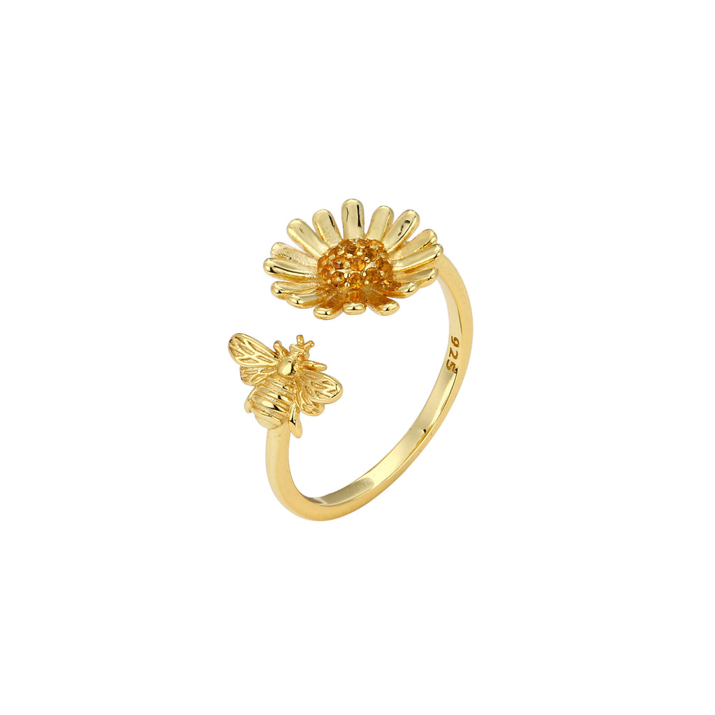 S925 Sterling Silver Creative Personalized Sunflower Bee Zirconia Ring