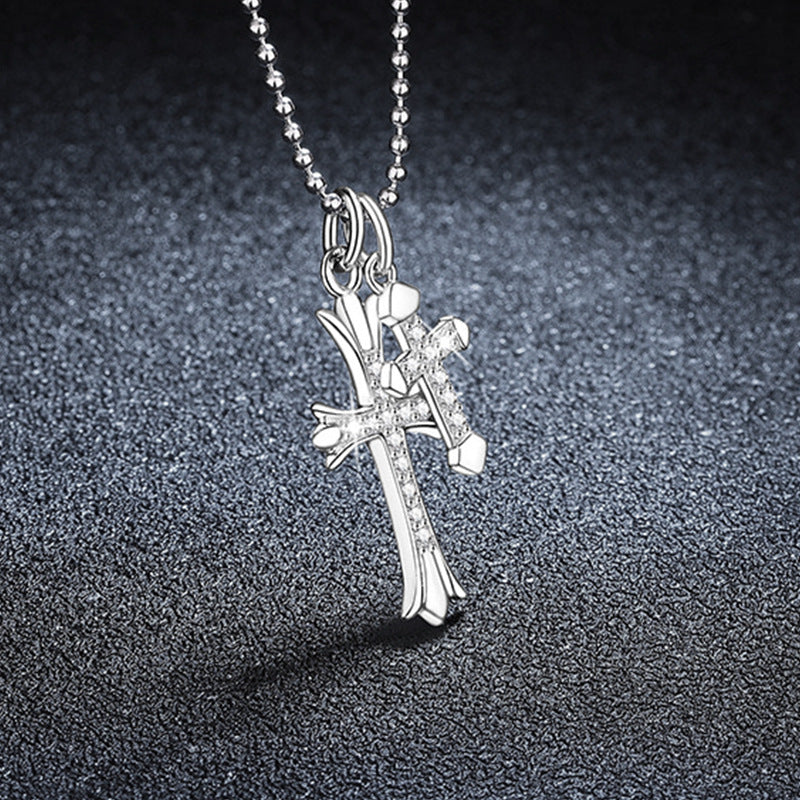 S925 Sterling Silver Moissanite Double Cross Necklace