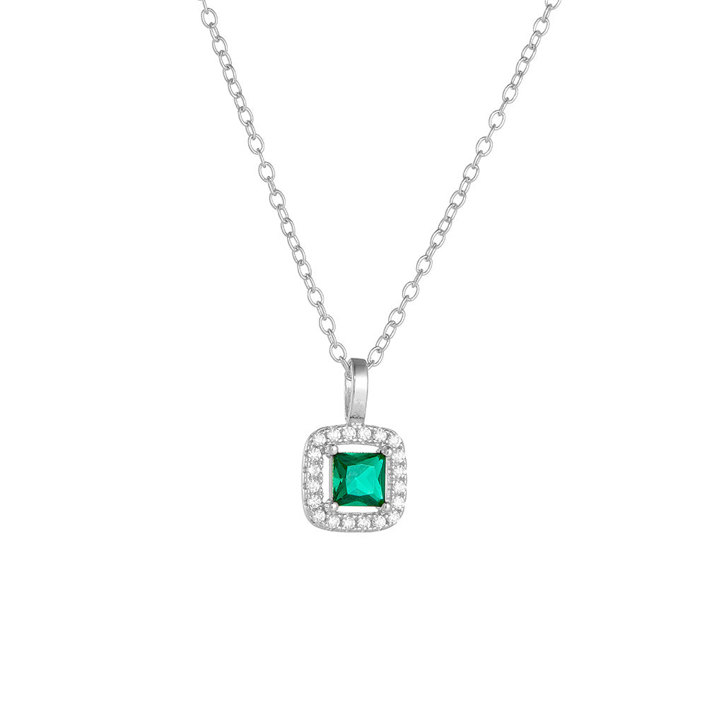 S925 Sterling Silver Square Emerald Zircon Pendant Necklace