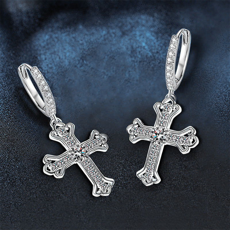 925 Sterling Silver Moissanite Cross Earrings