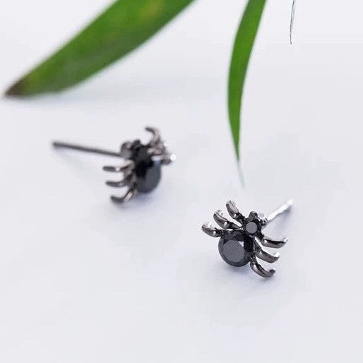 S925 Sterling Silver Halloween Black Spider Stud Earrings