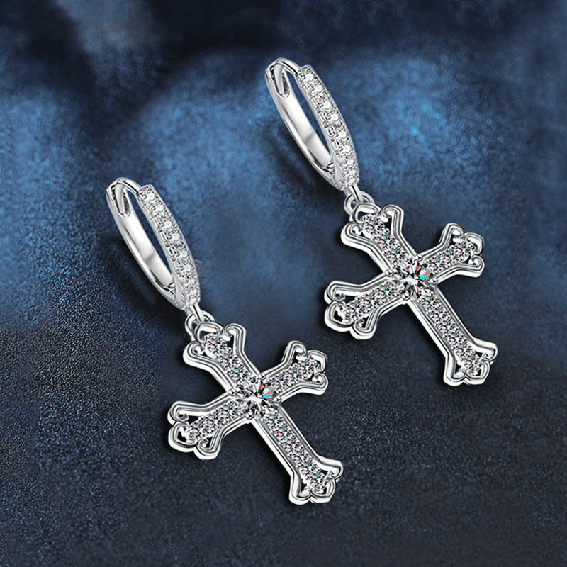 925 Sterling Silver Moissanite Cross Earrings