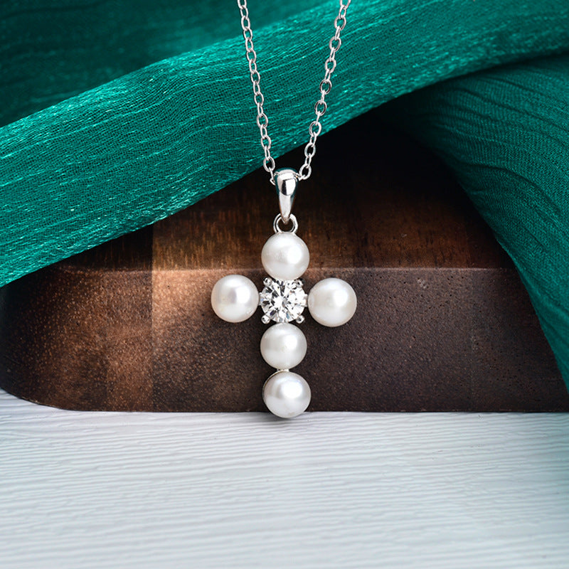 S925 Sterling Silver Moissanite Cross Pearl Pendant Necklace