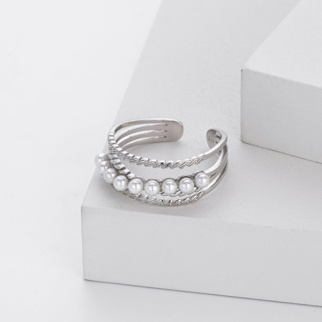 S925 Sterling Silver Elegant and Stylish Open Ring with Pearl Inlay