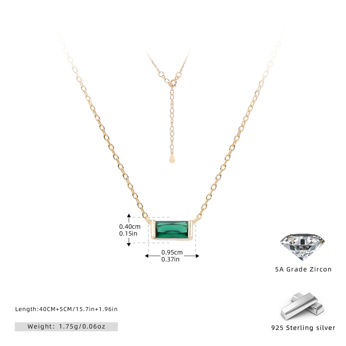 Rectangular colored zircon s925 sterling silver December birthstone collar necklace