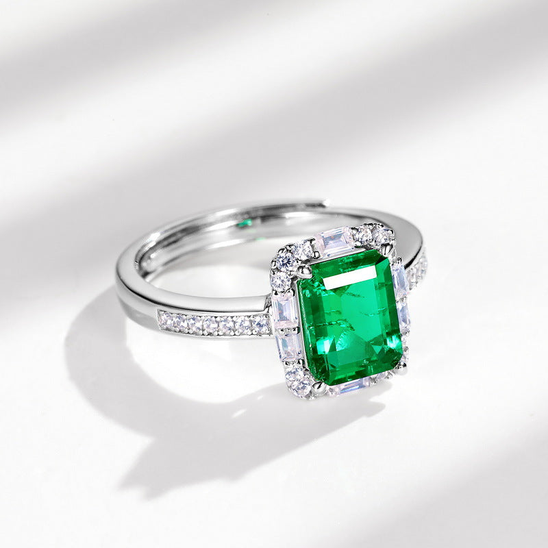 S925 Silver Adjustable Open Ring Set with Lab-Grown Colored Gemstone and Moissanite